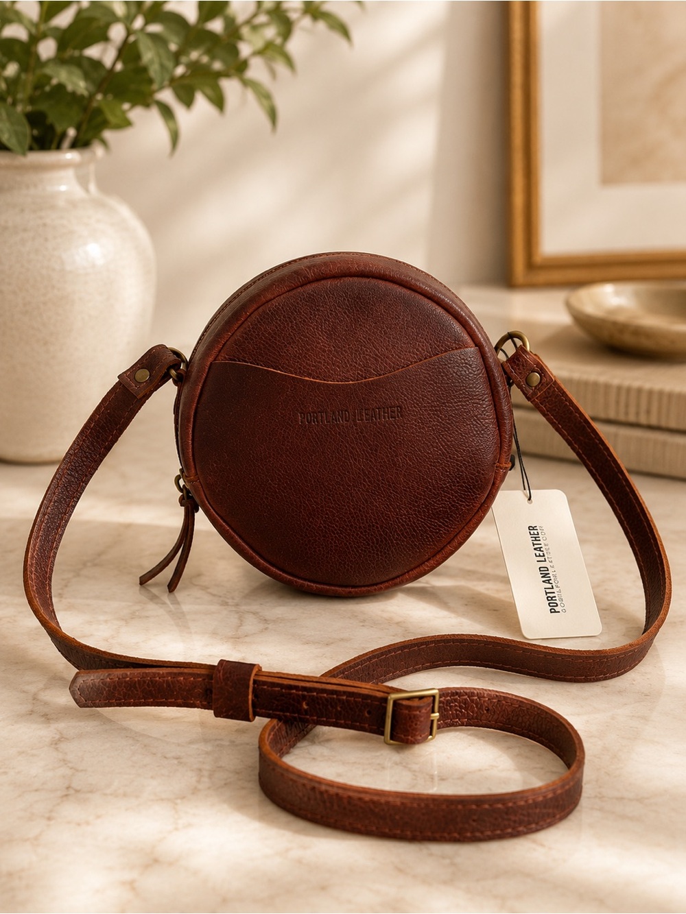 Portland Leather Goods Circle Crossbody Brown Leather Bag